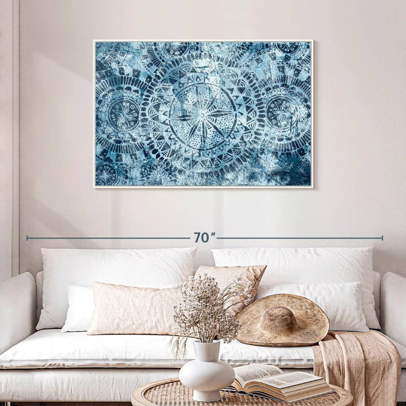 Mandalas tribaux bleus, Cadre flottant blanc, 43 po x 29 po