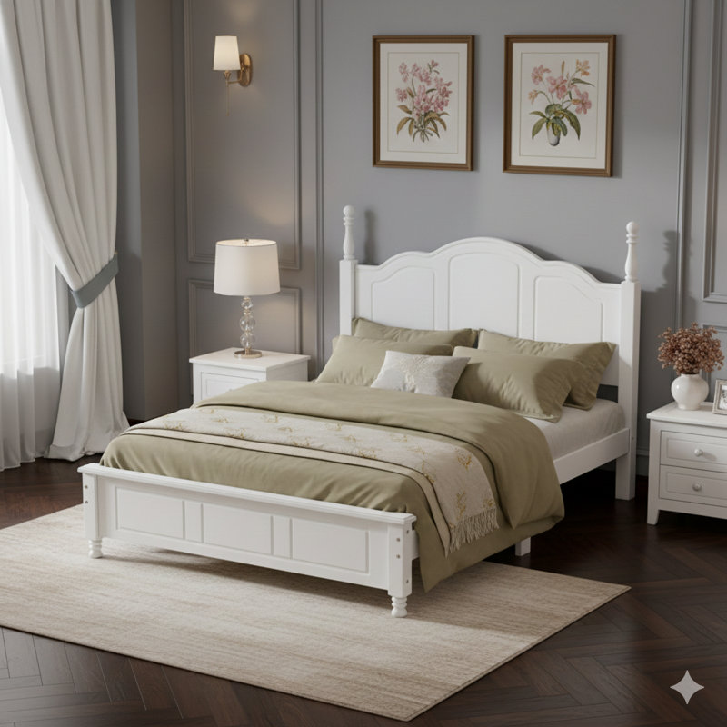 White Full-Size Retro Style Wood Platform Bed Frame With Wooden Slat Support