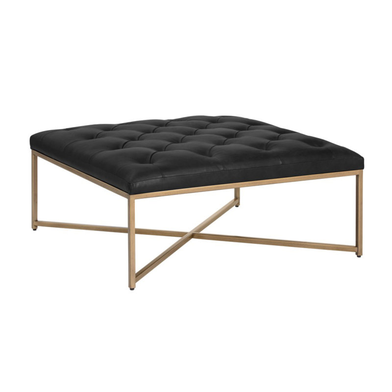Repose-pieds de cocktail carré en cuir véritable capitonné Osa, Cuir véritable noir