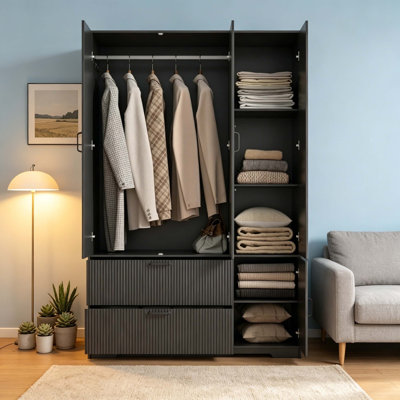 4-Door Fluted Panel Wardrobe Closet with Hanging Rod, Adjustable Side Shelves & 2 Large Full-Extension Drawers, Modern Particle Board Bedroom Clothing Armoire Cabinet