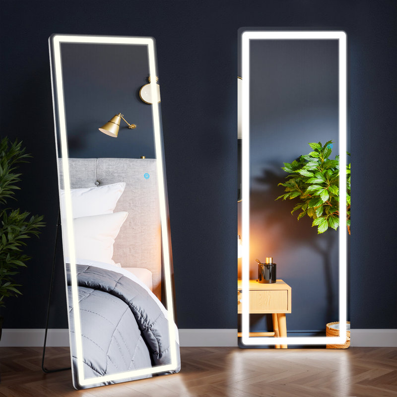 Mirror Full Length Standing Mirror With LED Lights, Lighted Floor Mirror With Stand And Dimming, 64" x 21"