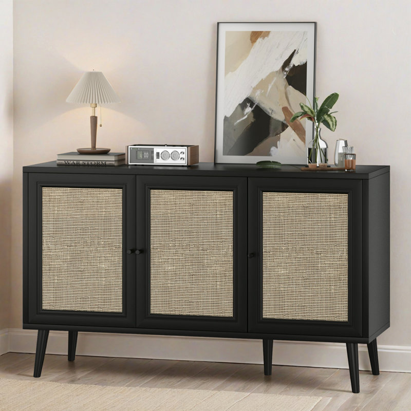 47.2"  3-Door storage Sideboard with Rattan  Doors, Black