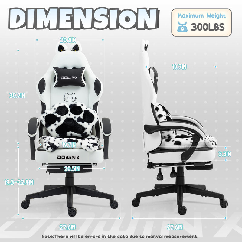 Fauteuil de jeu mignon avec oreille de chat avec support lombaire et coussin Paw Print, Noir / blanc
