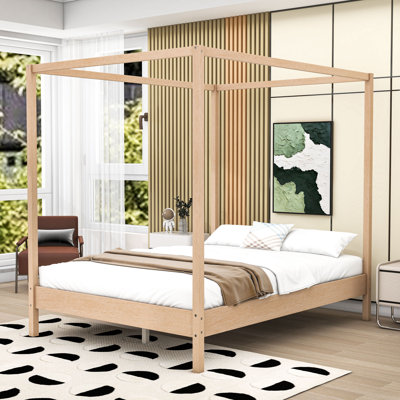 Lit plateforme à baldaquin en bois avec support à lattes et pieds centraux