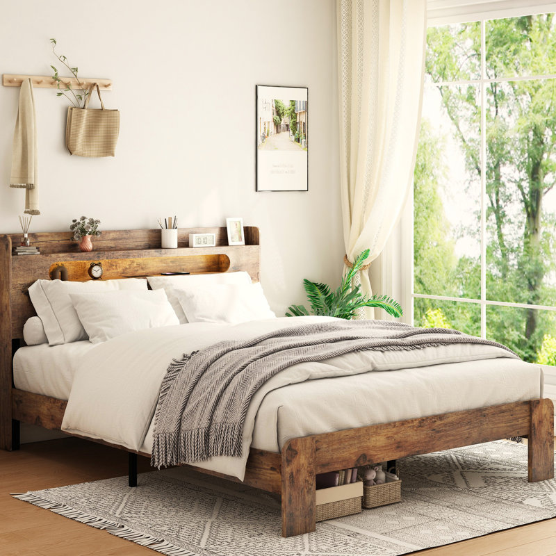 Wood King Size Bed Frame With Storage Headboard And 2 , Led Sparkle, Quiet Operation, No Box Spring, Easy Assembly, Ample Under Area Dark Brown - Equipped Noise Sleep, Simple Setup, Large