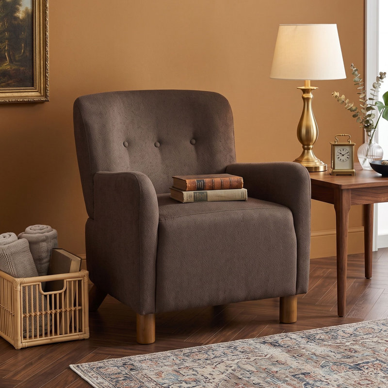 Fauteuil d'appoint moderne en lin capitonné avec siège rembourré, accoudoirs et pieds en bois d'hévéa, Brun