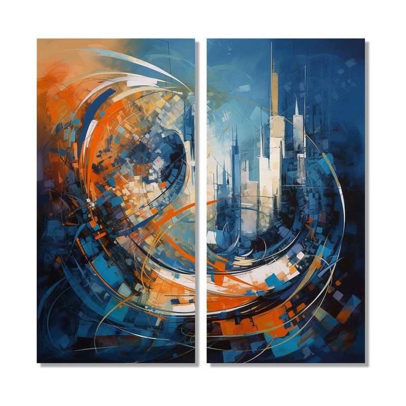 Orange et bleu, équilibre géométrique IV - art mural sur toile bleu 2 pièces, H 32 po x l 32 po, Toile tendue