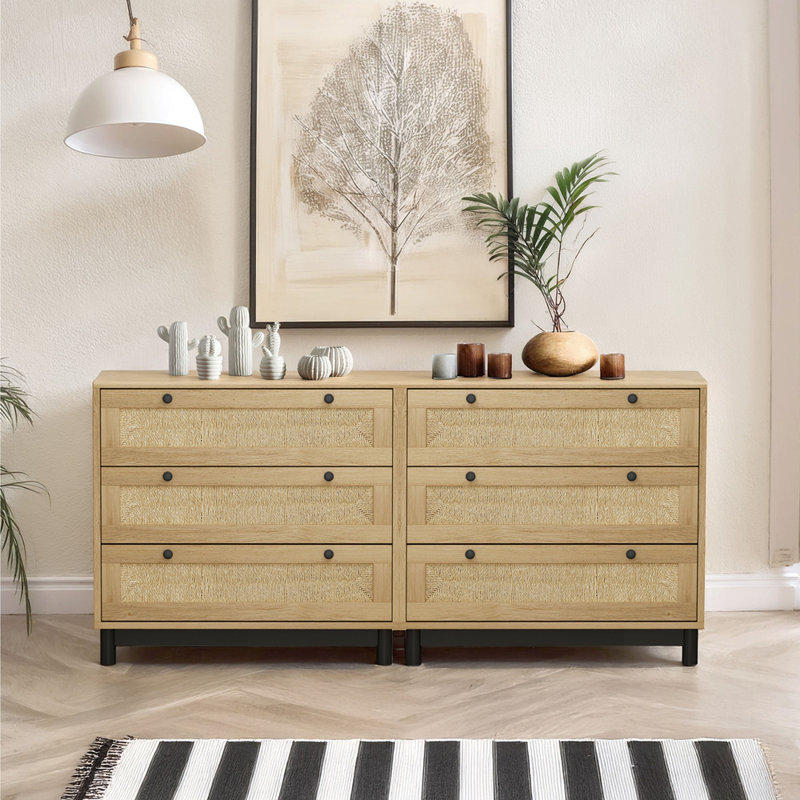 3-Drawers Storage Cabinet with Rope Woven Drawer Panels, Spacious and Stylish for Multiple Rooms, Oak
