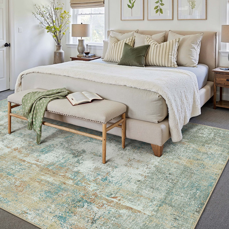 Tapis moderne lavable abstrait bleu / or, Bleu / doré, Rectangle 6 pi x 9 pi
