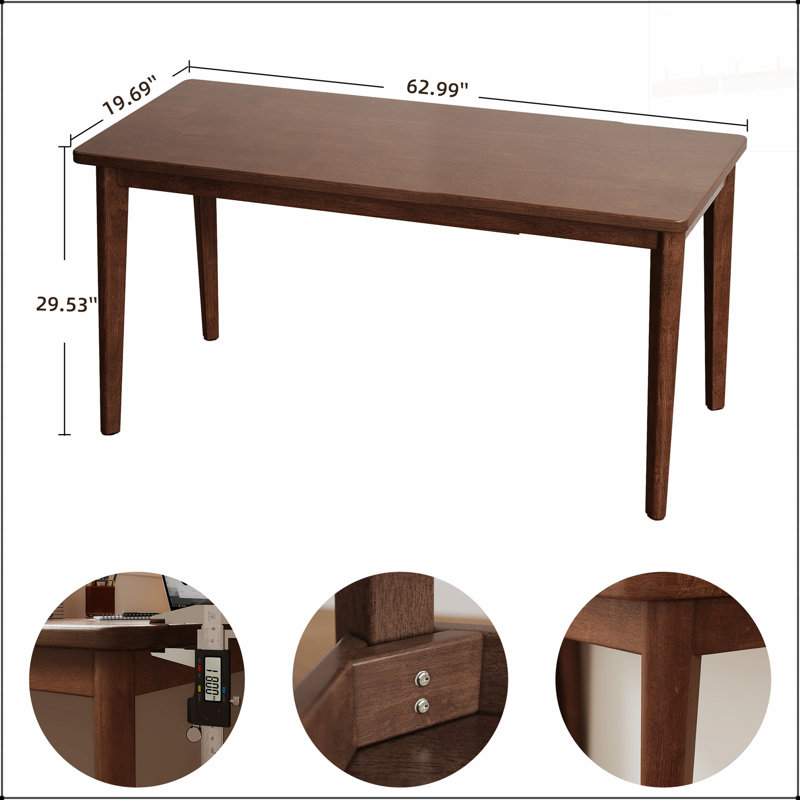 Bureau en bois massif de 63 x 19,7 po en bois d'hévéa de style Mid-Century moderne, compact et polyvalent pour les petits espaces et les chambres à coucher