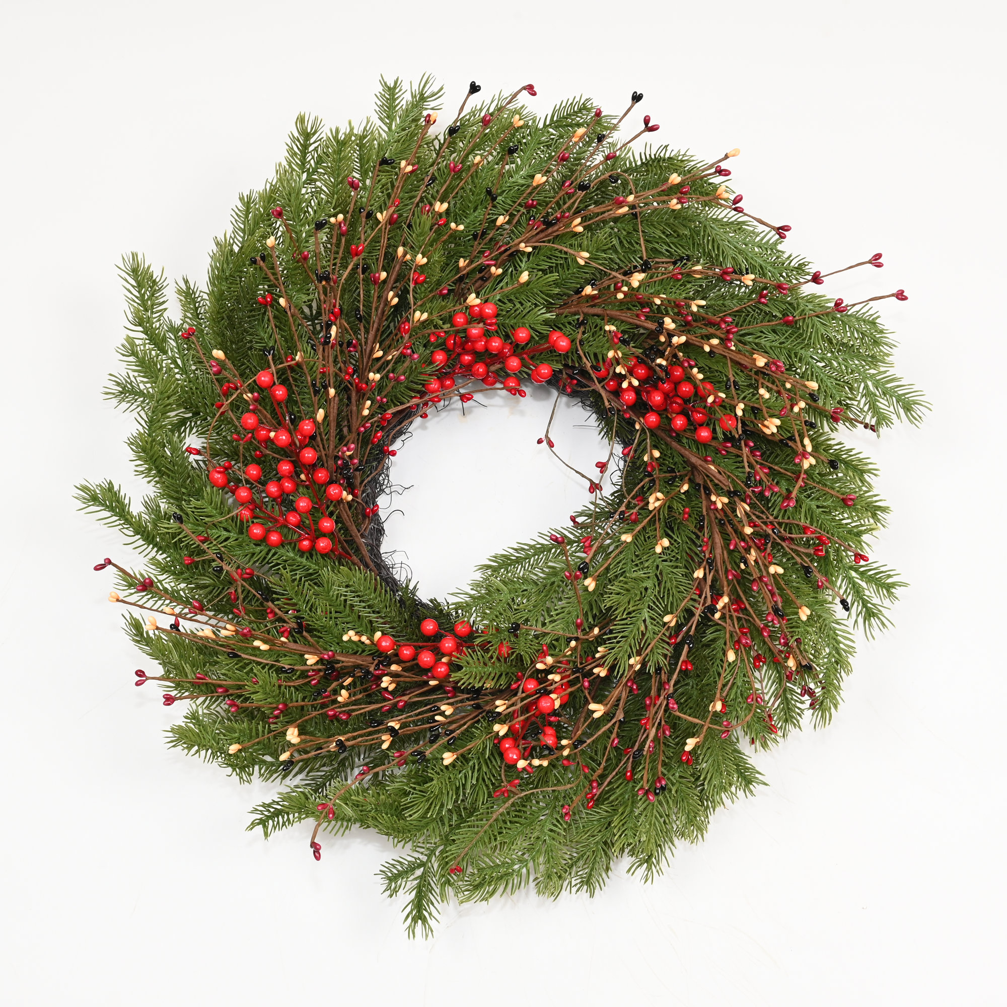 24" Artificial Farmhouse Twig Christmas Greenery Pine Needles Red Berries Winter Front Door Wreath, Green/Red/Brown/Black