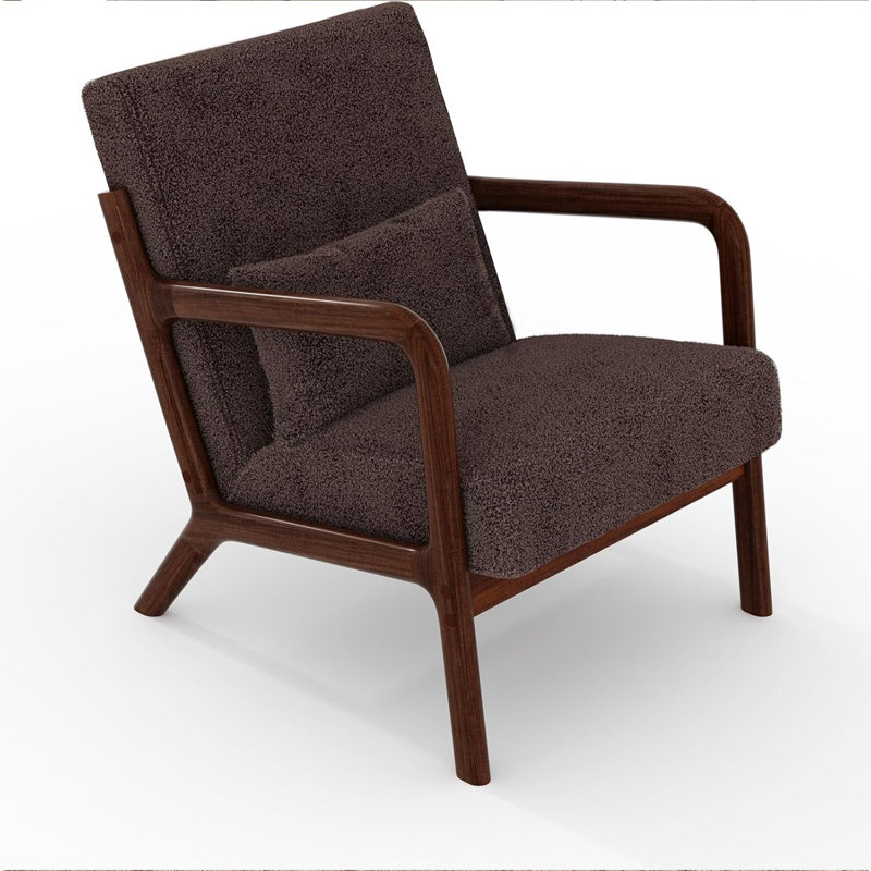 Chaise d'appoint Mid-Century moderne pour le salon, la chambre à coucher ou le bureau - Revêtement en sherpa, structure ergonomique en bois, coussin lombaire doux, fauteuil de détente confortable, robuste et respirant, brun