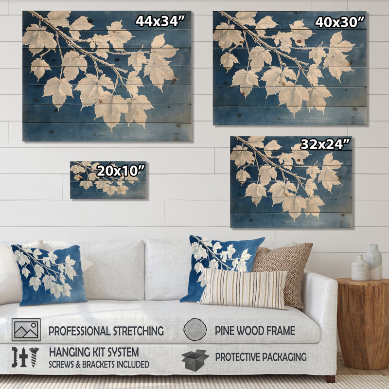 Branches de feuilles givrées blanches II - décoration murale en bois de feuilles - sur bois de pin naturel, H 24 po x l 32 po