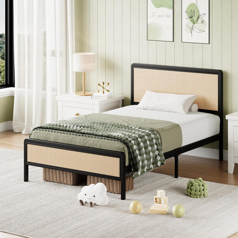 Metal Bed Frame with Rattan Headboard, Twin, Black