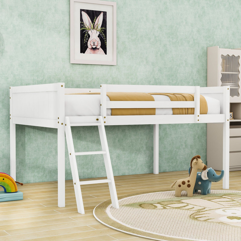 Lit mezzanine double en bois avec échelle convertible et garde-corps, Blanc
