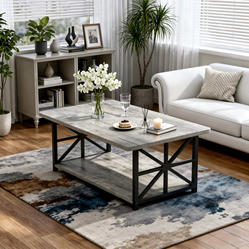 Coffee Table For Living Room, Modern 2-Tier Round Corners Center Table With Storage, Rectangular Living Room Table With Sturdy Metal Frame For Sofa Home Office