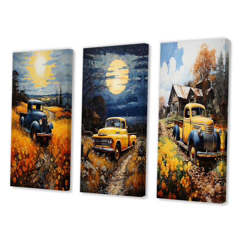 «Pickup Truck Rustic Rides», 3 pièces sur toile, Toile tendue, H 32 po x l 48 po