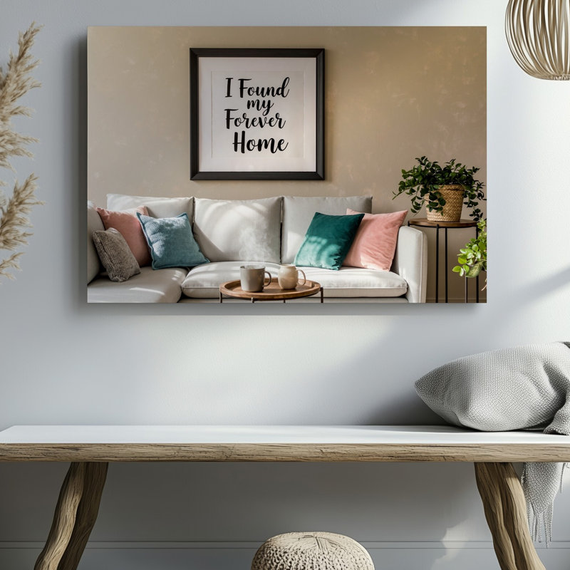 Reproduction d'art sur toile, "Living a Cozy and Inviting Living Room" Doté d'un art mural encadré avec la phrase I Found My Forever Home
