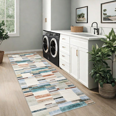Modern Geometric Machine Washable Rug with Non-Slip Backing Non-Shedding Contemporary Accent Carpet Soft Low Pile Floor Cover for Living Room