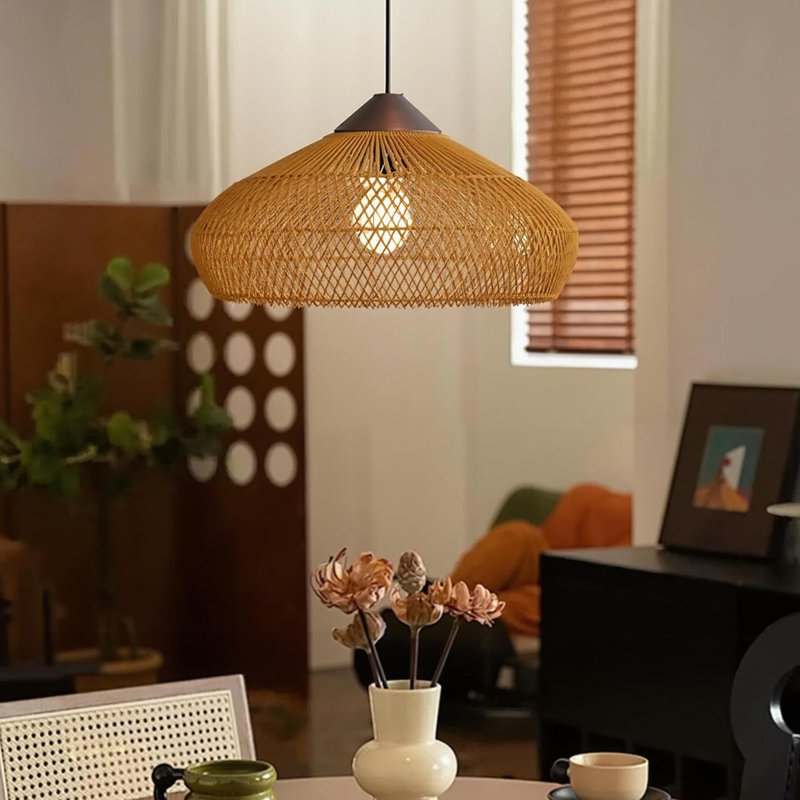 1-Light Rattan Pendant Light Fixture Dark Brown, 7.48" H x 15.74" W x 15.74" D