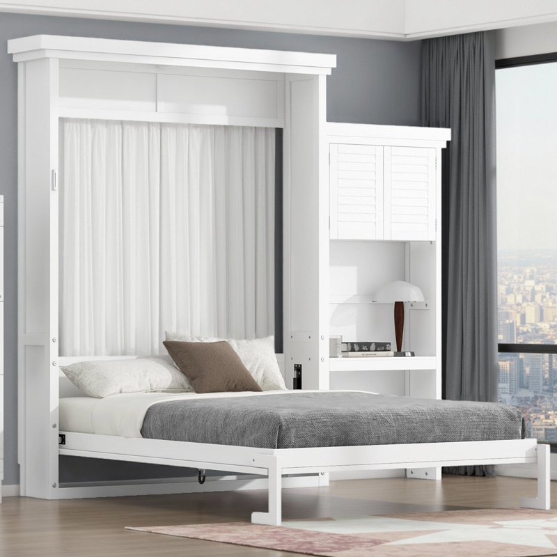 Classic Louvered Style Murphy Bed with Multifunctional Storage Shelves, White