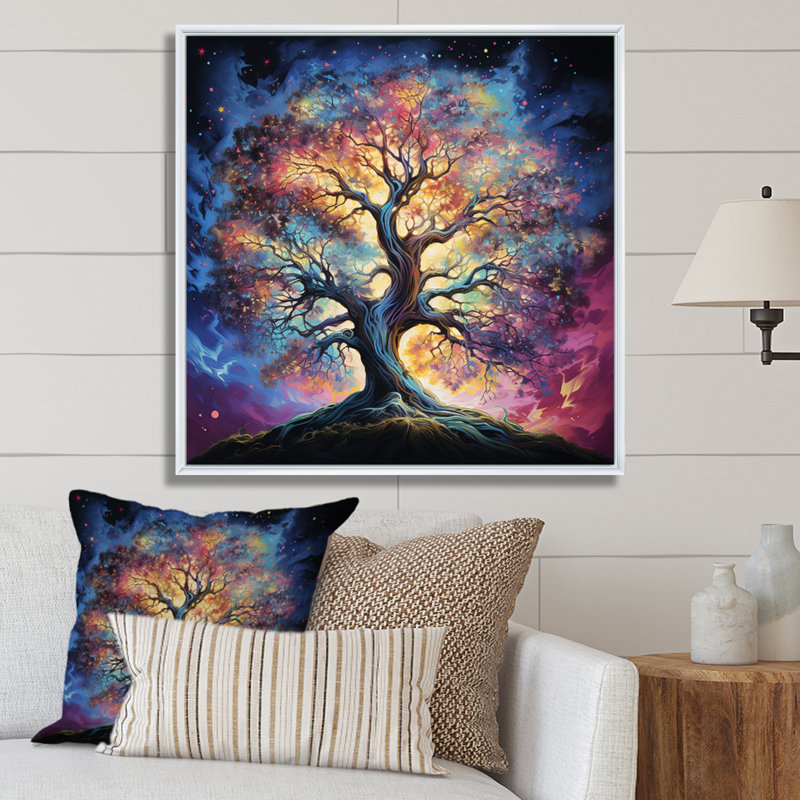 Colourful Oak Tree Eternal Strength I - Tree Oak Wall Art Living Room, H 36 po x l 36 po x P 1,5 po, Cadre flottant blanc