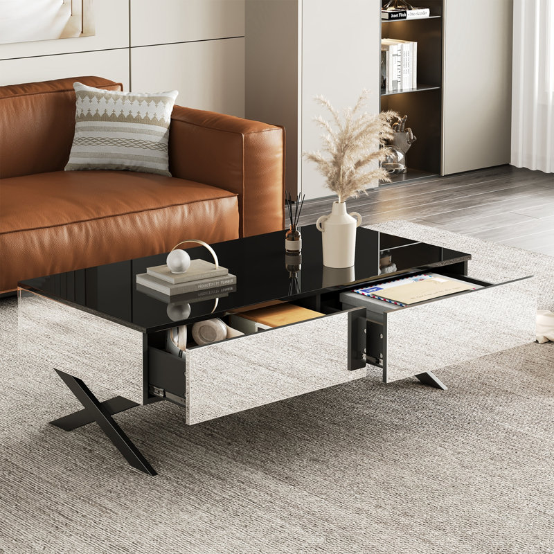 Table basse rectangulaire à miroir avec base en métal et 2 tiroirs