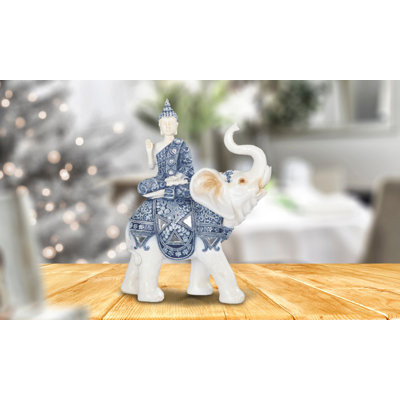 9" H Blue And White Thai Buddha Sitting On Elephant Statue Feng Shui Decoration Religious Figurine