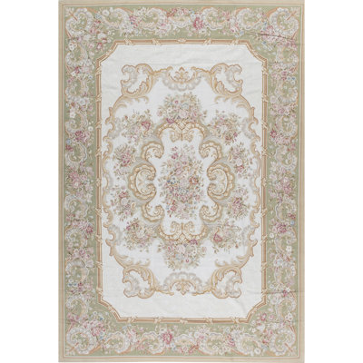 Hand-Knotted High-Quality Ivory and Green Area Rug