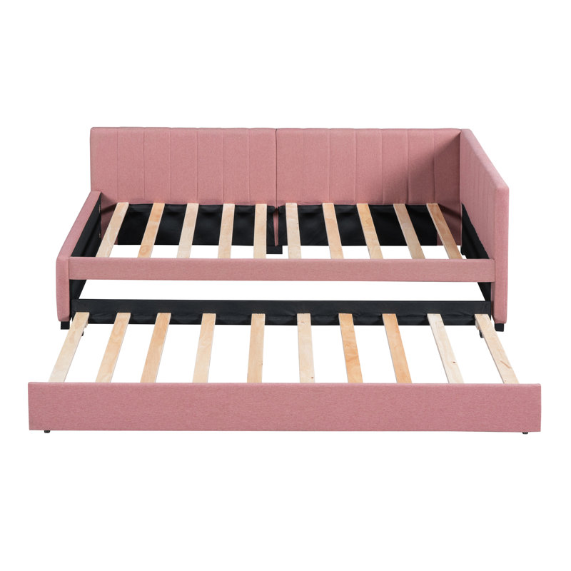 Lit de jour rembourré avec couchette simple pour canapé-lit, pas de sommier tapissier, tissu en lin, Lit simple, Rose
