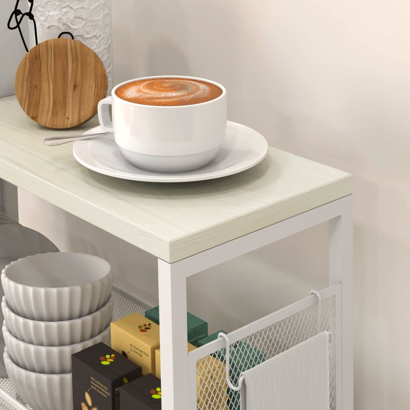 3-Tier Kitchen Cart with 3 Wire Baskets 58*18.5*87 cm Particle Board 1 Piece Kitchen Cart White with Lockable Wheels