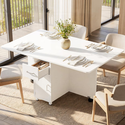 Folding Dining Table for 4-6 People, Space Saving Drop Leaf Kitchen Table with Drawers, Shelves and Wheels