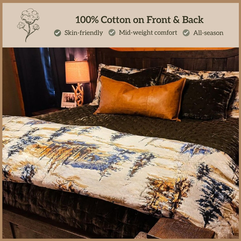Acadia White Blue Copper Forest Print Cabin Lodge Rustic Cotton Comforter Set, King Comforter
