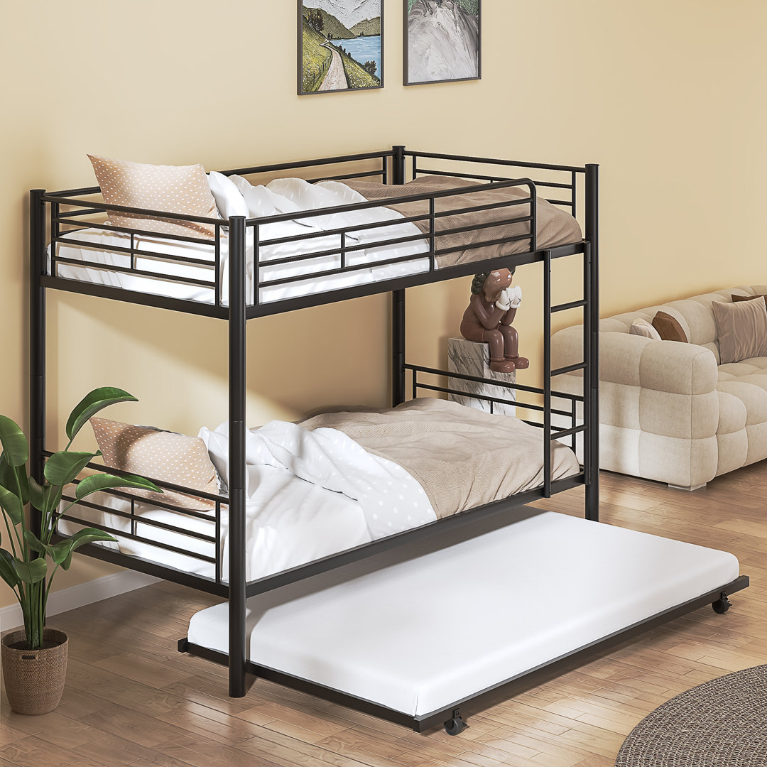 Single(3') Bunk Bed With Trundle Bed, Single Over Single Loft Bed Frame With Ladder And Safety Guardrail, Home Bedroom Dormitory Space-Saving Twin Hig