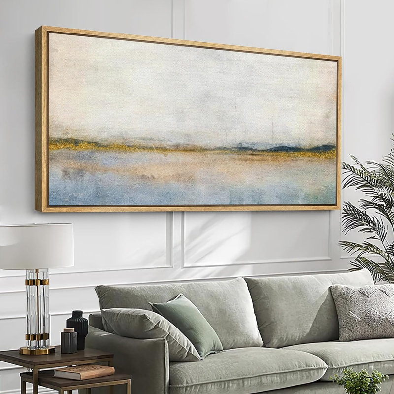 Minimal Landscape Reflective Lake with Golden Accents Modern Art Extra Large Artwork Print Wall Art, 30" H x 60" W, Natural