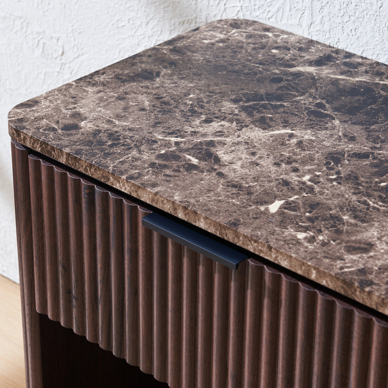 Ensemble de 2 tables de chevet avec tiroir et tablette ouverte, table de chevet cannelée en bois avec panneaux ondulés arrondis de 1,97 po et plateau en faux marbre
