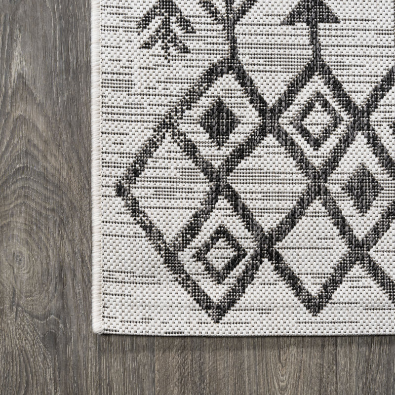 Whipe Bohemian Geometric Ivory/Black Indoor/Outdoor Rug, Runner 2'2" x 8'