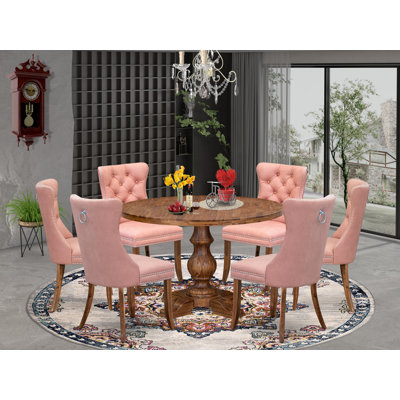 L'ensemble de salle à manger moderne 7 pièces comprend une table et 6 chaises de salle à manger rembourrées en tissu de polyester rouge beige avec dossier capitonné, noyer antique