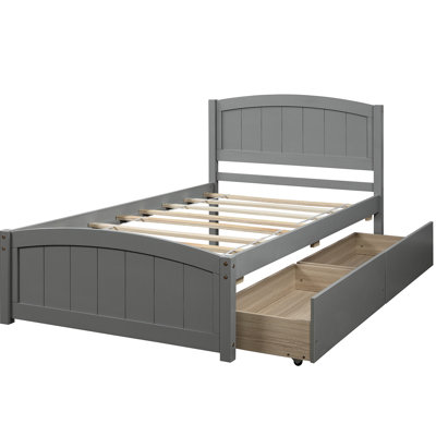Lit plateforme gris avec deux boîtes à tiroirs fonctionnelles - Bois massif pour une chambre à coucher confortable