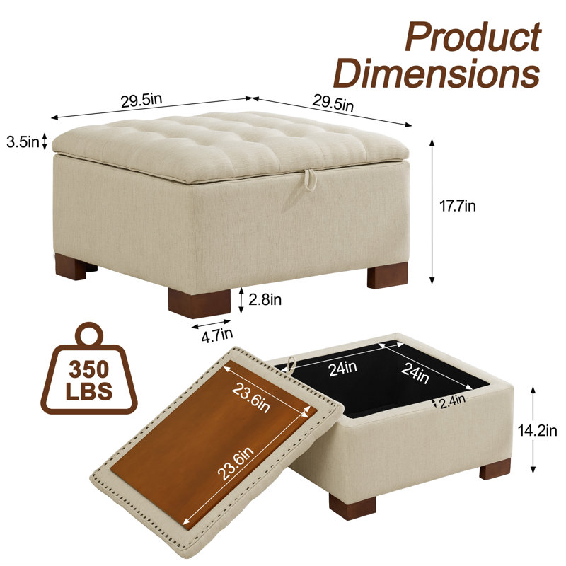 Repose-pieds de rangement carré capitonné de 29,5 po de largeur, Kaki, H 17,7 po x l 29,5 po x P 29,5 po