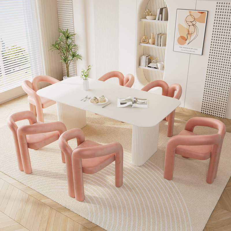 Ensemble de table de salle à manger moderne à double piédestal, 7, Rose