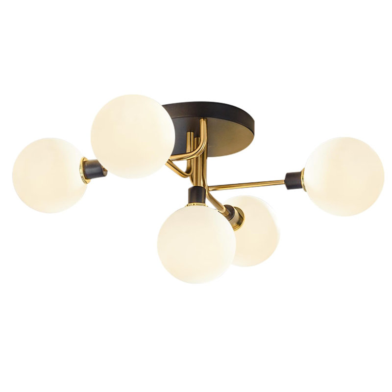Mid Century Modern 5 Lights Milk Glass Globe Ceiling Light Black And Brass Semi Flush Mount Bathroom Sputnik Ceiling Light Fixture