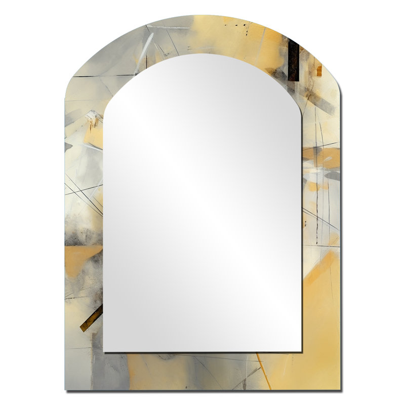 Yellow And Grey Beyond The Canvas II - Abstract Painting Arch Large Wall Mirror, Modern Asymmetrical Unique Mirror, Printed Metal Art