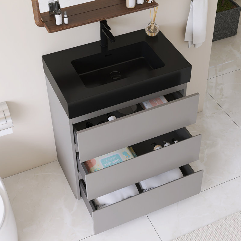 Meuble-lavabo simple autoportant 30 po avec lavabo en quartz noir, Gris, 30", Noir
