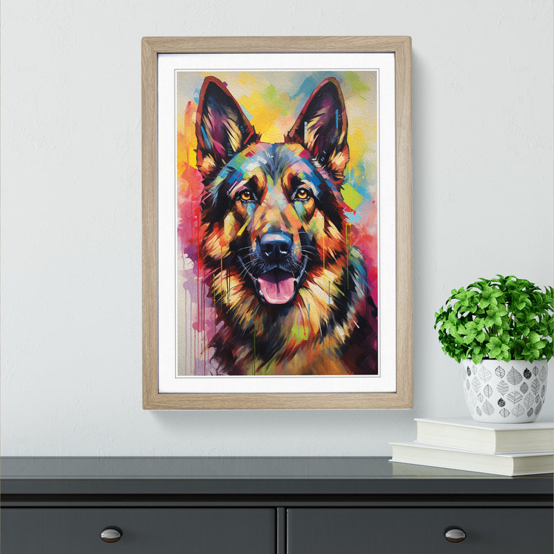 German Shepherd Informel No.2 - Single Picture Frame Print on Wood, Oak, 34cm H x 25cm W x 2cm D