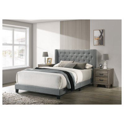 Lit double à oreilles avec capitonnage à boutons, structure de lit en polyester de style champêtre français avec garniture cloutée pour la chambre à coucher