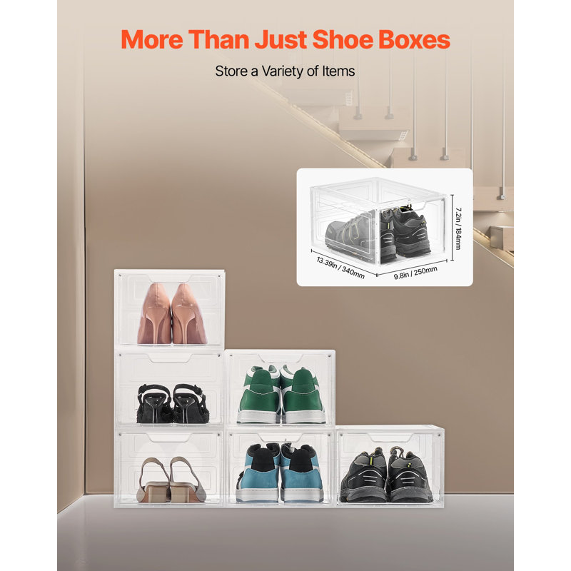 Shoe Storage Boxes, 6 Pack Clear Stackable Shoe Boxes Storage Organizers With Magnetic Door, Fit Up To US Size 13, Plastic Sneaker Containers For High Heels, Boots, And Hats, Transparent White