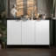 Buffet minimaliste à rayures - panneau de fibres à densité moyenne ultrabrillant avec pieds noirs et accents dorés, rangement multi-pièces (charge supérieure de 66,14 lb) Assemblage facile en 40 minutes-88877059-132413898