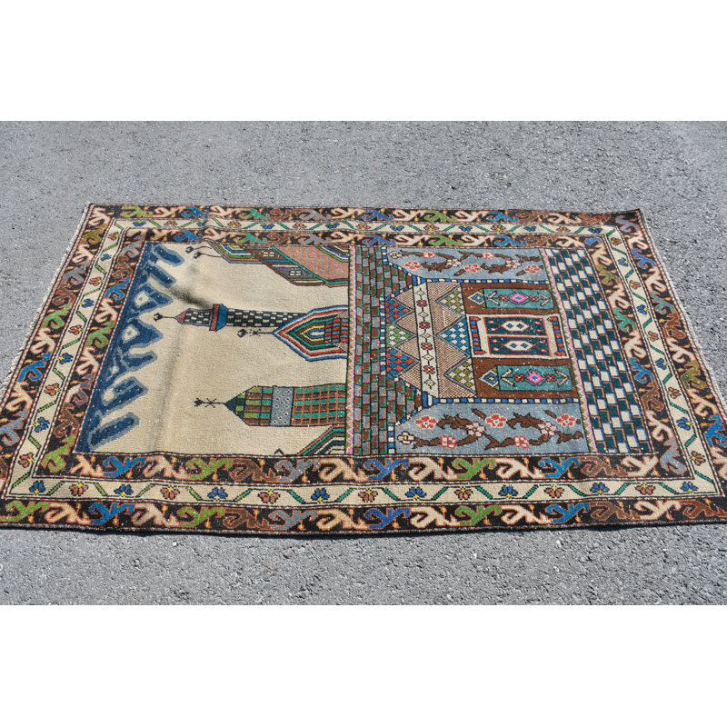 Tapis turc Oushak rétro fait à la main avec de la laine biologique et un motif artistique - bleu / rose SN-6018