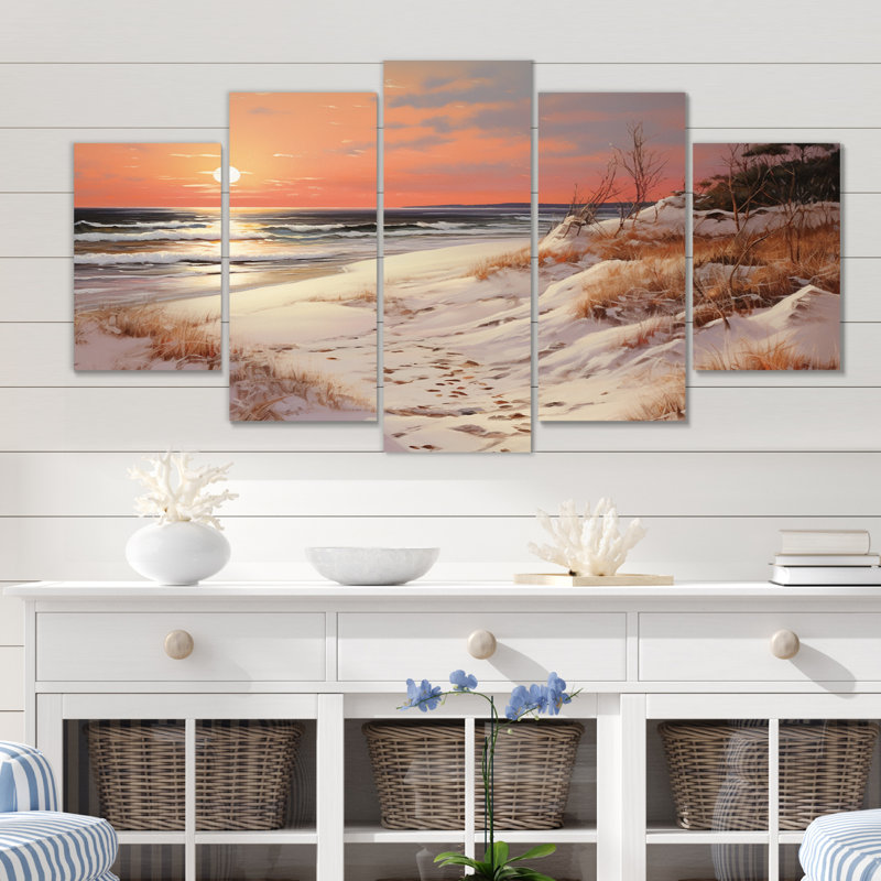 Plage Winterscene, pastel chaud coucher de soleil - Art mural sur toile plage - 5 panneaux